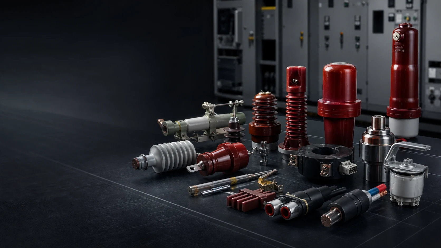 Suvell medium voltage electrical parts on an engineering workbench with switchgear cabinets in the background