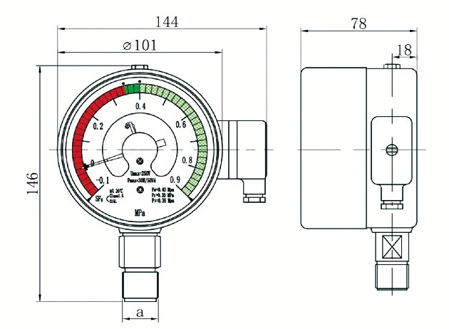 Dimensioned product drawing of the SF6 gas density monitor