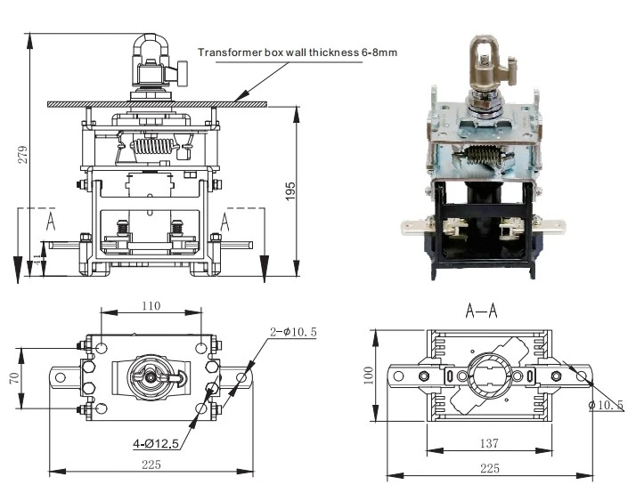 Suvell official dimension or drawing for BFYI-25KV630A-J1L Single-Phase Hinged Cover Type Loadbreak Switch