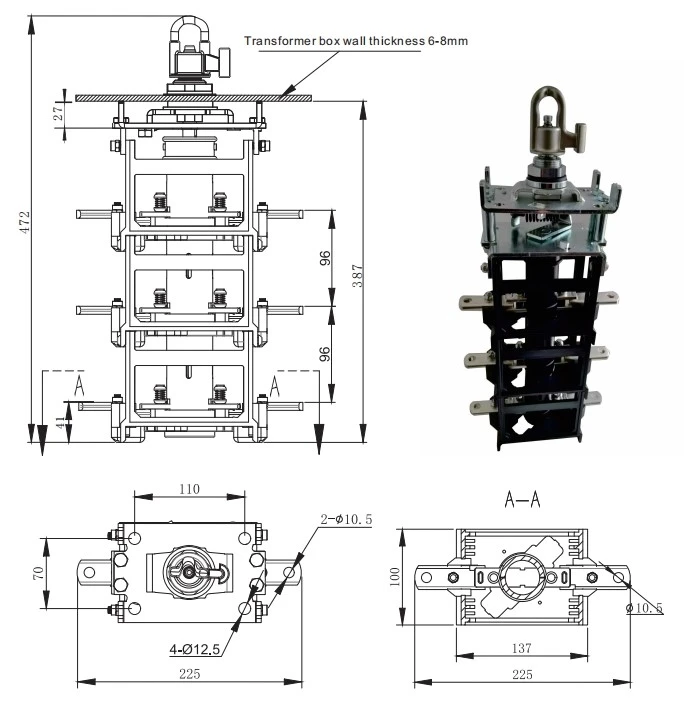 Suvell official dimension or drawing for BFYI-25KV630A-L Three-Phase Lock Type Loadbreak Switch