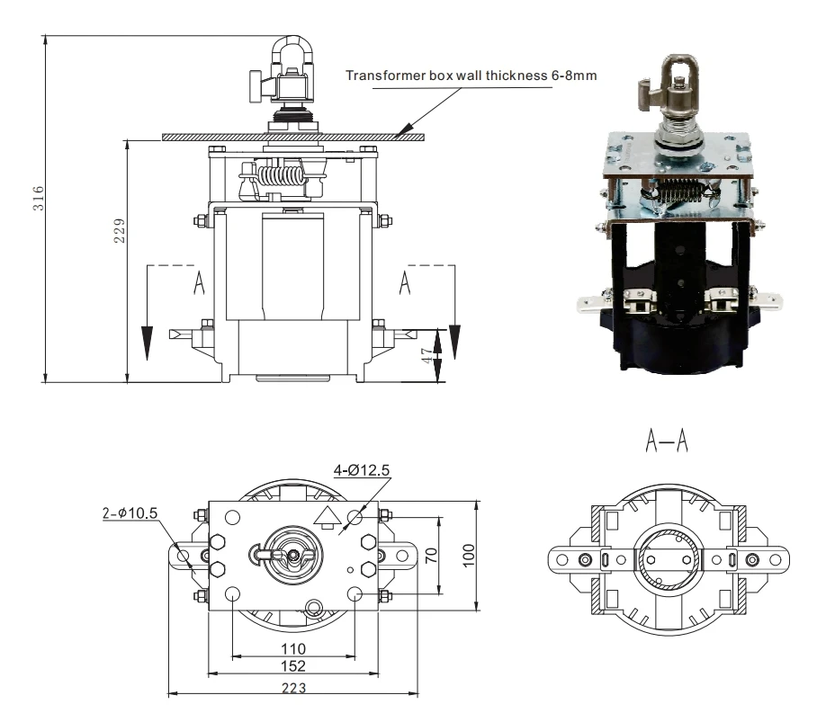 Suvell official dimension or drawing for BYFI-40.5KV630A-25-J1 Single-Phase Loadbreak Switch