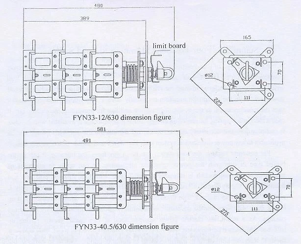 Suvell official dimension or drawing for FYN33-25KV630A-25 Three-Phase T-Blade Loadbreak Switch