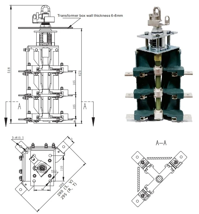 Suvell official dimension or drawing for YZFN-20KV630A-20-V Three-Phase Loadbreak Switch