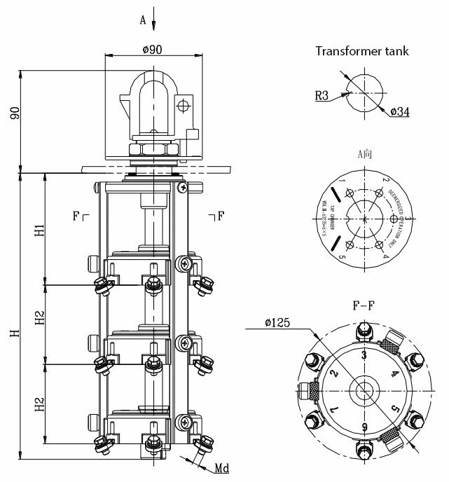 Three-phase five-position rotary tap changer reference drawing