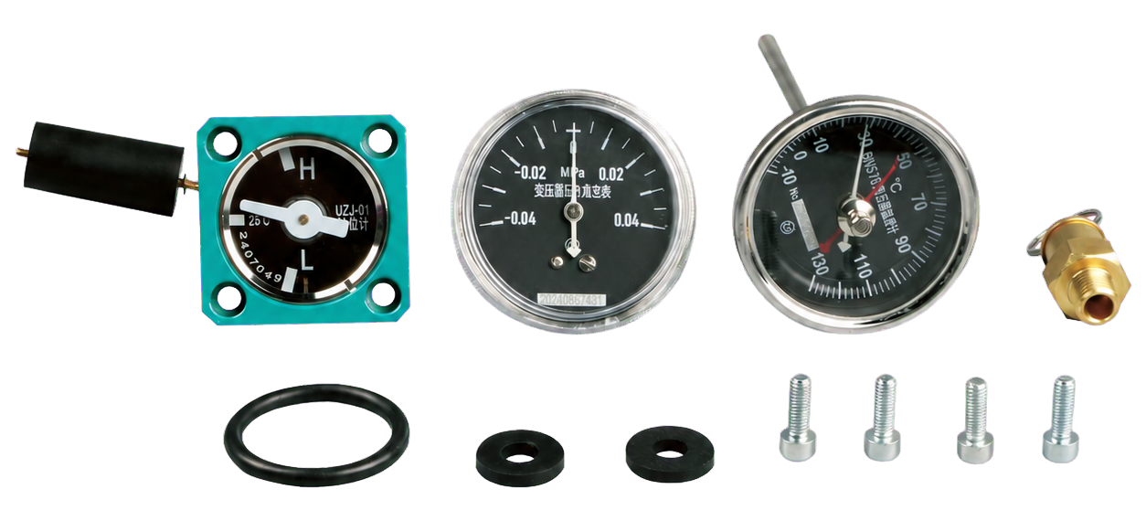 Four-piece transformer meter set with oil-level, pressure-vacuum, temperature and pressure-release devices