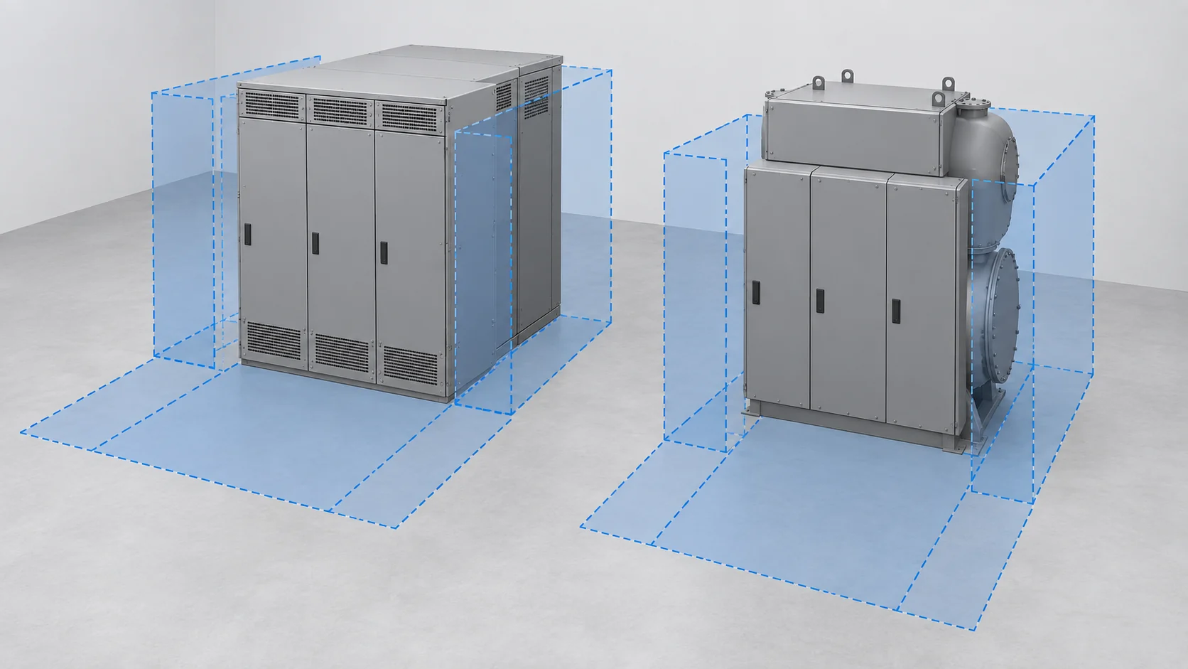 Conceptual cabinet footprint and access-space comparison for switchgear review.