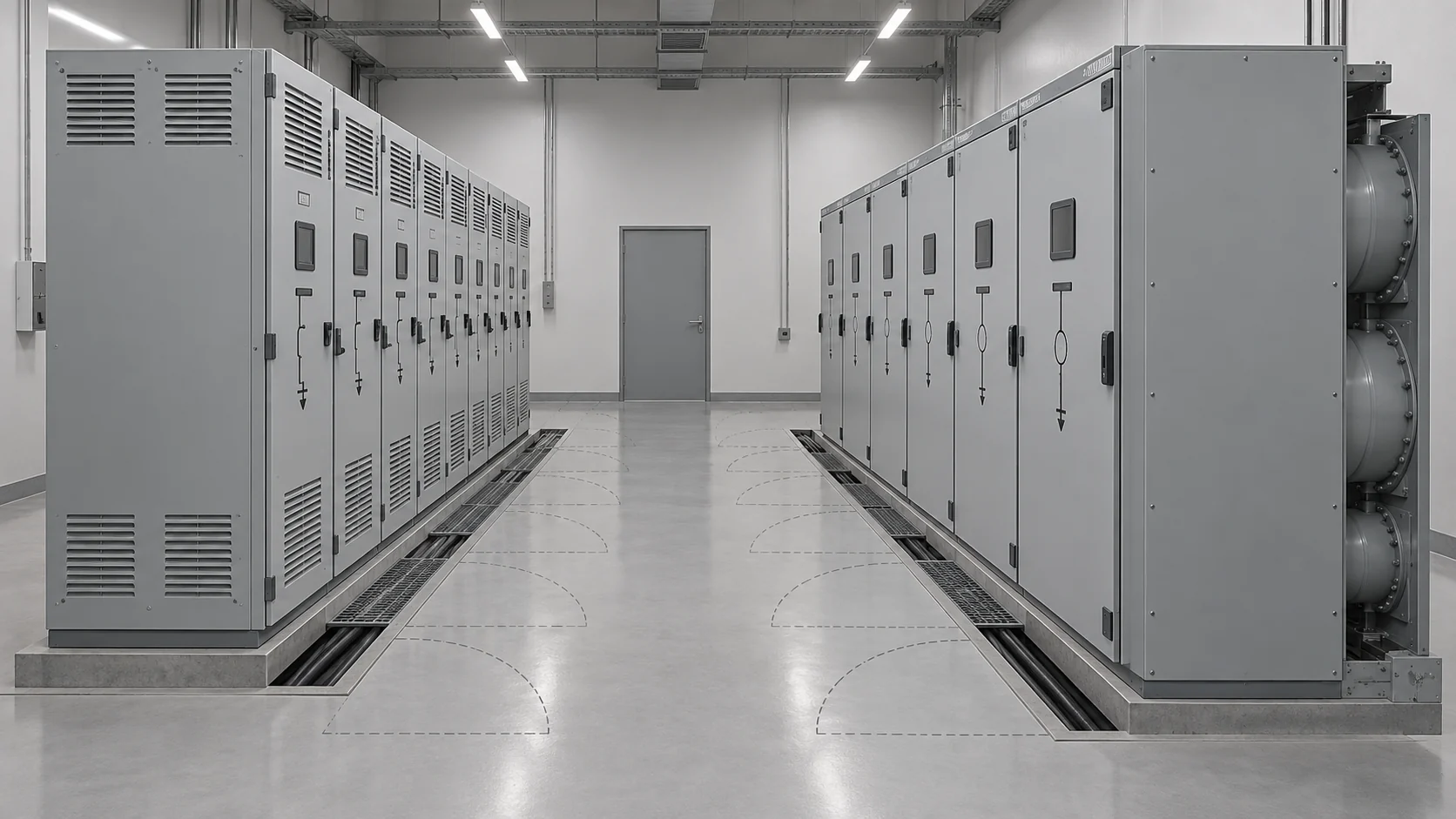 Switchgear service access and cable-entry considerations in an electrical room.