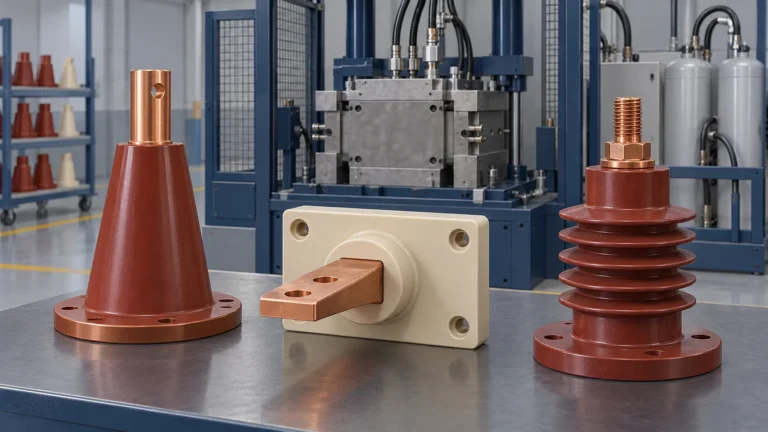 Unbranded epoxy bushing families beside a tooling silhouette in a technical editorial illustration.