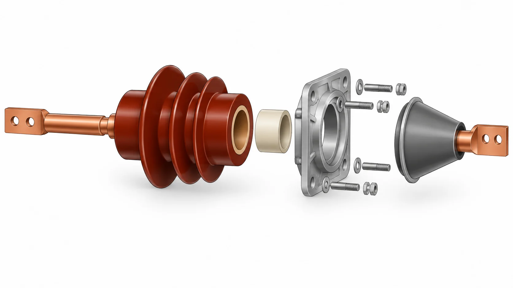 Exploded conceptual epoxy bushing showing conductor, resin body, mounting features and connection interface.