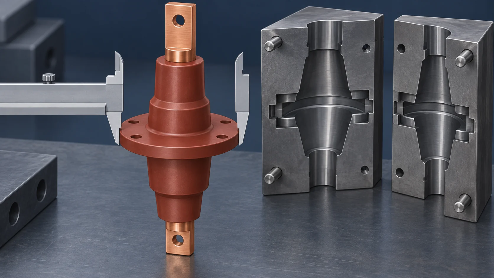 Dimensional inspection of an epoxy bushing and its tooling insert.