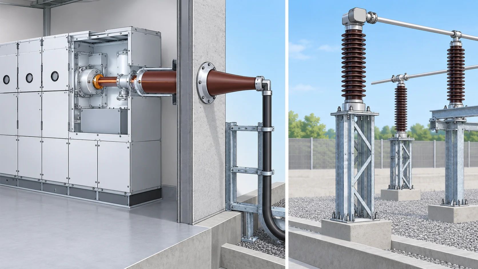 Conceptual bushing interfaces in a sealed RMU wall and an air-insulated switchgear connection.