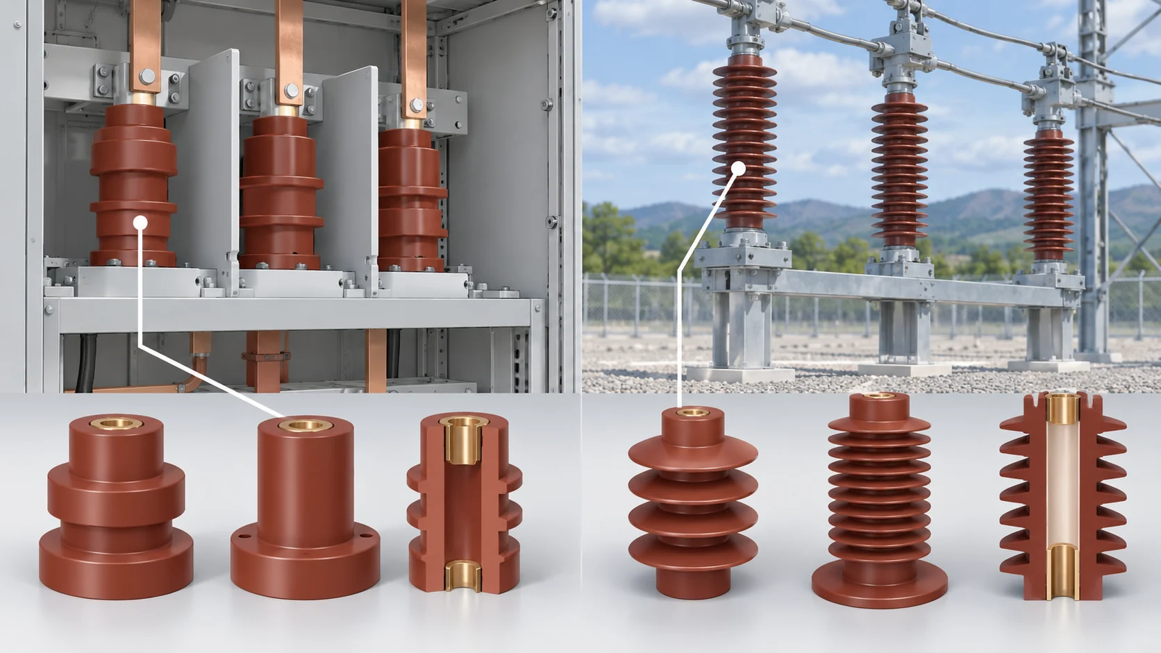 Indoor and outdoor service environments guiding epoxy insulation material selection.