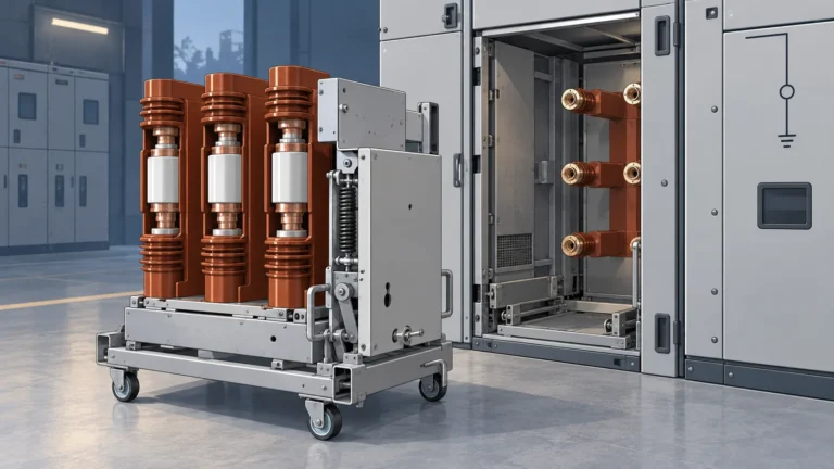 Conceptual three-pole vacuum circuit breaker beside an indoor switchgear cubicle