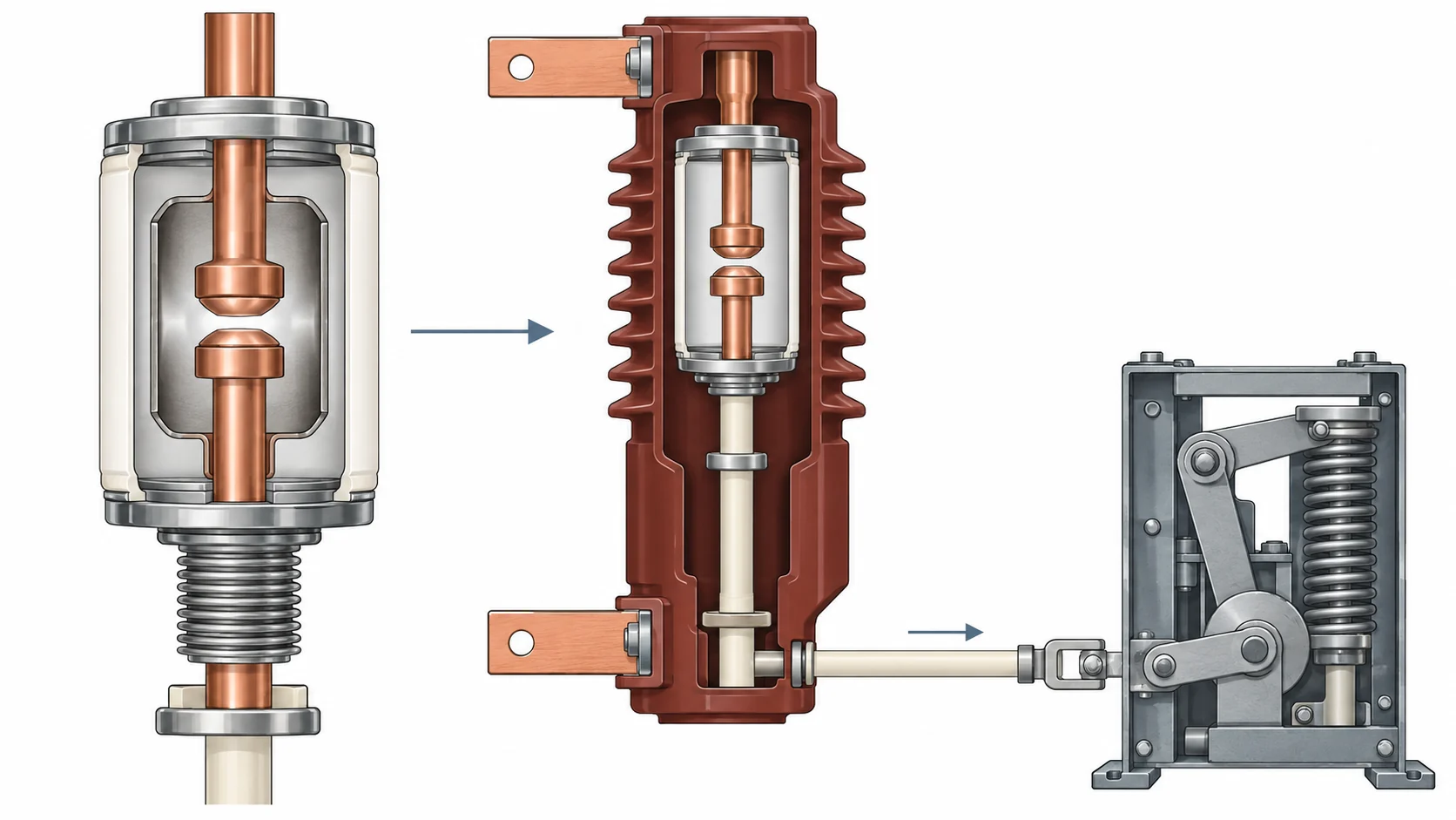 Conceptual vacuum interrupter, insulated pole and separate spring mechanism