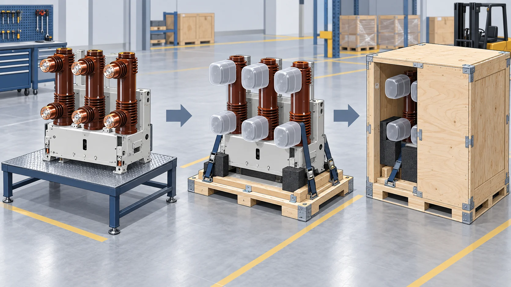 Illustrative breaker inspection, protected transit base and shipping crate
