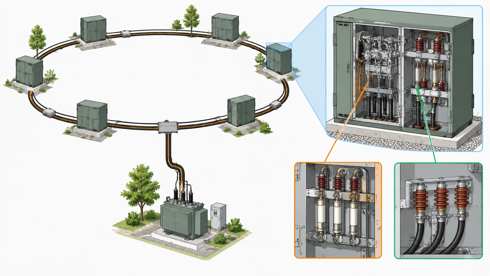 Illustrative ring connections and transformer tee-off within an RMU.