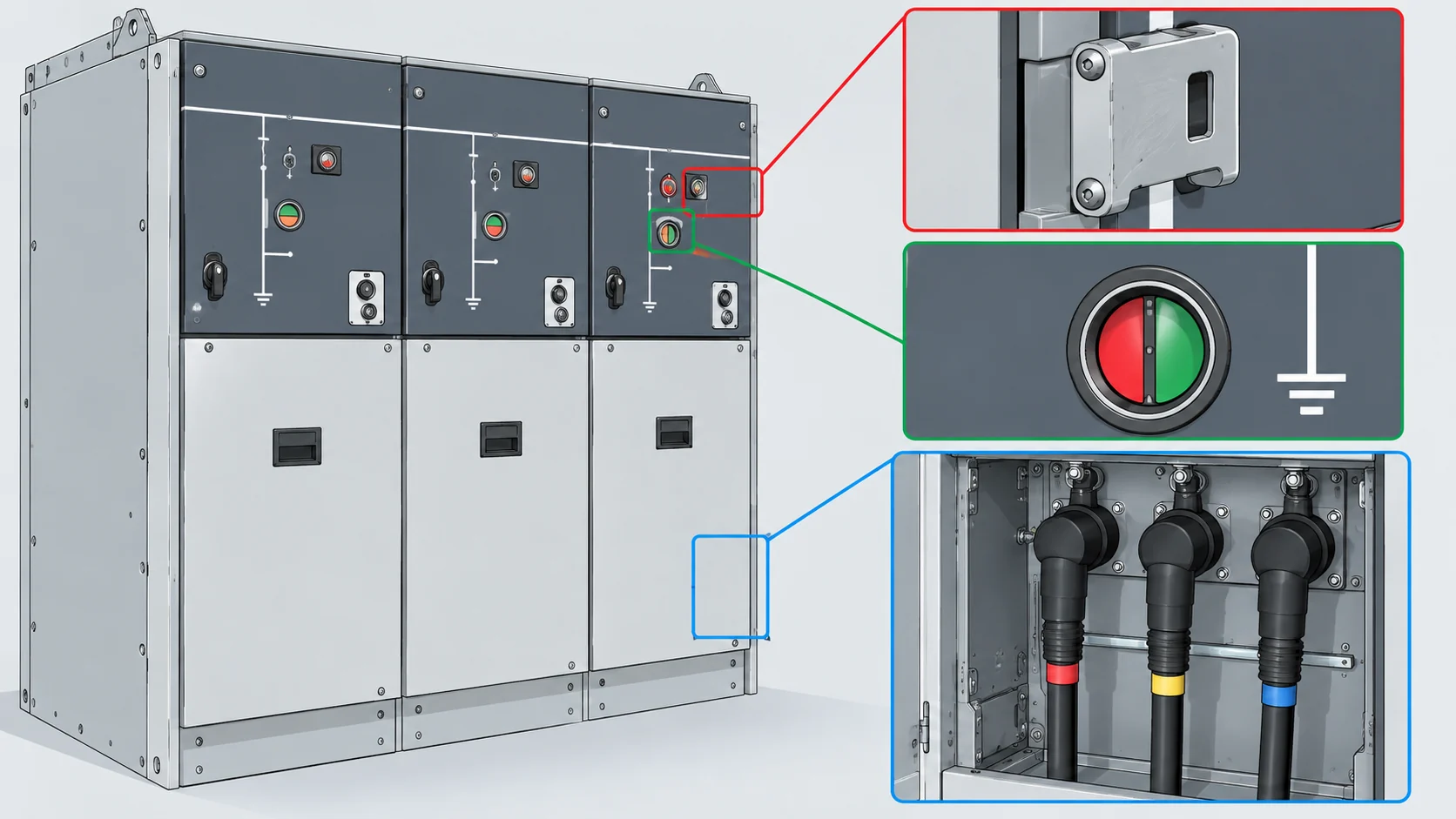 RMU interlock, indication and cable connection components for identification.