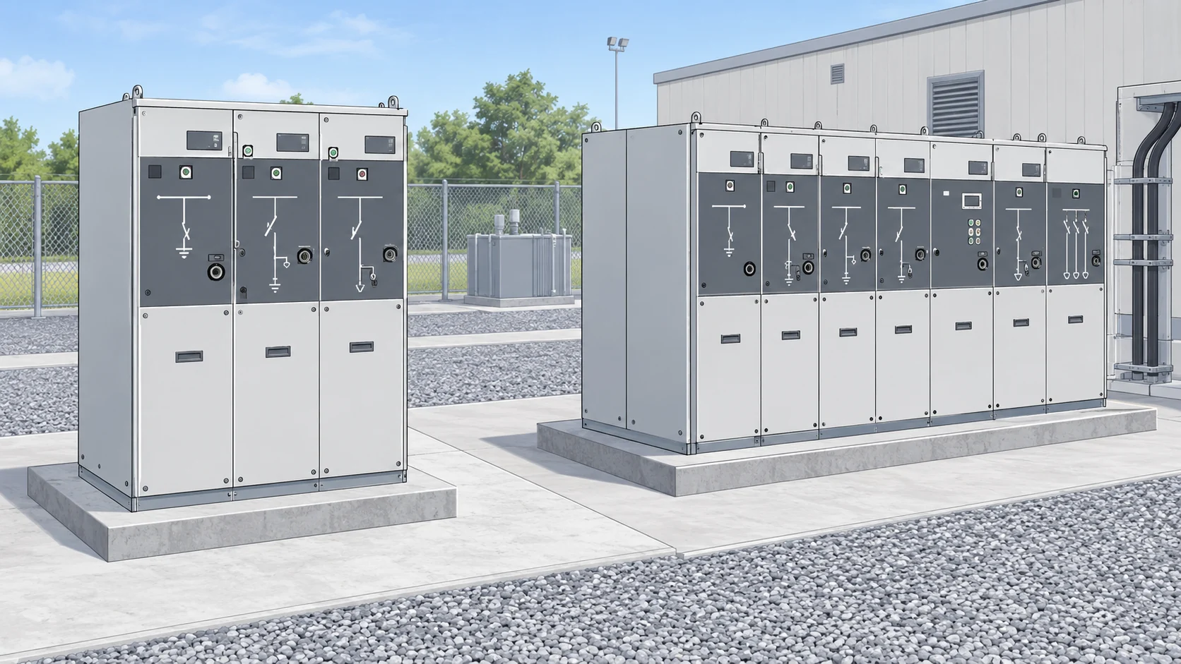 Compact and extensible RMU arrangement concepts in a substation.